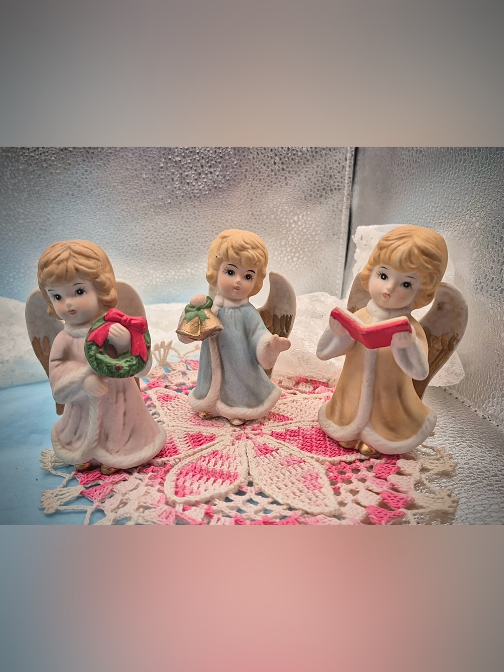 Vintage Porcelain Christmas Angels - Bisque Pastel Angel Trio Collectible HOMCO